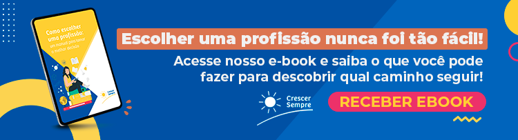 Banner com fundo azul e ilustração da capa do e-book sobre como escolher uma profissão.